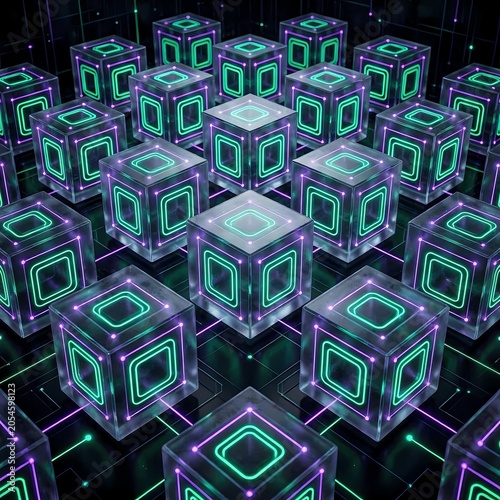 Infinite Quantum Lattice Tech Background with Glowing Cubes