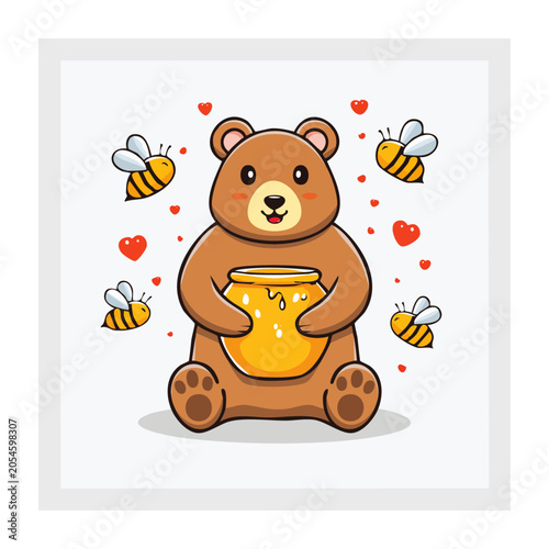 Cute cartoon bear holding a pot of honey with bees and hearts