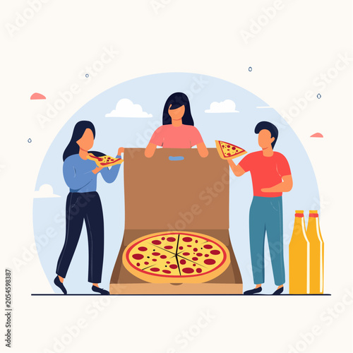 Friends Enjoying Pizza and Drinks Together