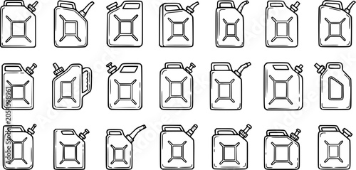Tableau sur toile Automotive Fuel Jerry Can and Gas Can Vector Outline Icons Set