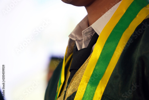 Photos Close-up of a student wearing a green graduation gown with a yellow and green sash during a commencement ceremony, representing education, achievement, and academic success