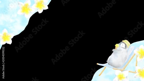 ビーチチェアでくつろぐ赤ちゃんペンギンの夏フレーム。リゾート感溢れるα付きループアニメーション。