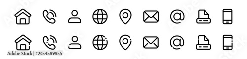 Contact us information business card featuring home, cell phone, user, website, venue, email, at, file messages, and smart phone icons for communication and contact services