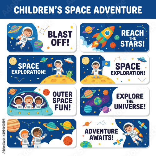 Astronaut kids space exploration banners with planets and rockets