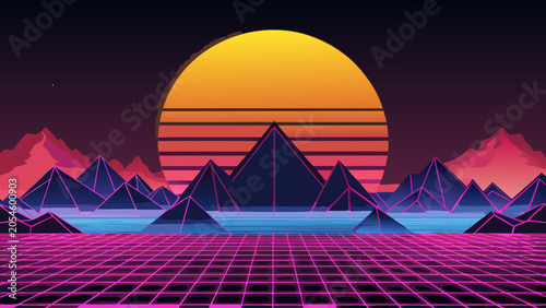 Retro synthwave landscape with glowing sunset and grid floor synthwave landscape mountain vaporwave eighties futuristic aesthetic background wallpaper perspective nostalgia computer