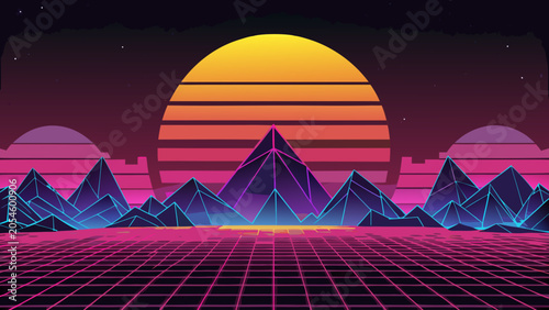 Neon 80s synthwave mountain landscape with sun and grid synthwave landscape mountain vaporwave eighties futuristic aesthetic background wallpaper perspective nostalgia computer elements