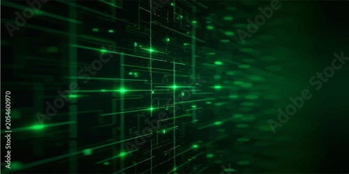 Abstract green circuit board technology background with glowing light flares