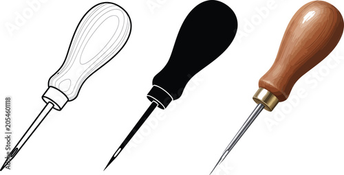Slika na platnu Set of awl tools outline silhouette and realistic illustration for crafting and