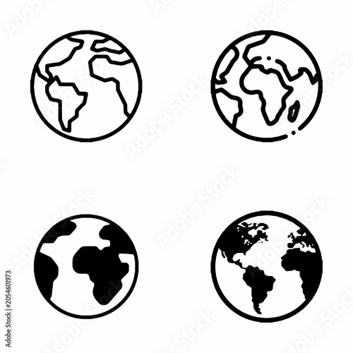 Earth globe vector icon set. Outline and solid silhouette planet earth collection for web design