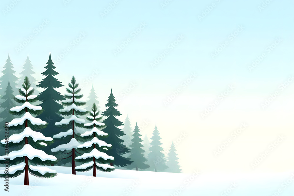 Fototapeta premium Beautiful winter forest landscape with snow covered pine trees and copy space 