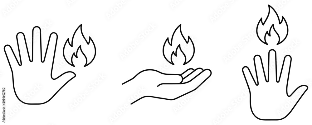 Fototapeta premium Outline icons of hands and flames representing warmth or danger vector.