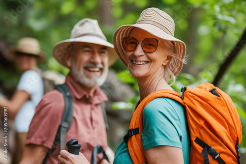 A man and a woman are smiling and wearing hats