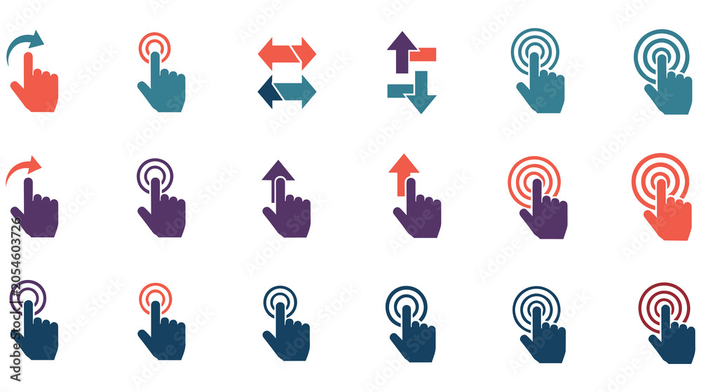 Fototapeta premium Touch gestures set vector illustration. pointer finger hand click multi color.