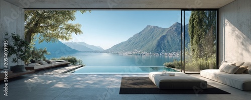 Modern lakeside villa with infinity pool and mountain views