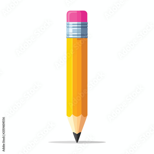 A single yellow pencil with a pink eraser standing vertically on a white background.