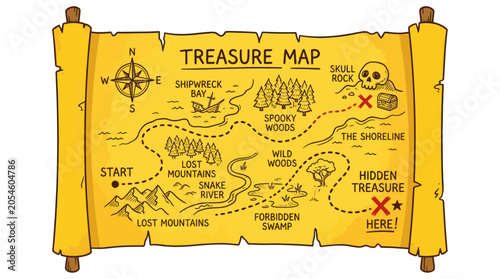 Pirate treasure map on aged paper scroll with dotted path