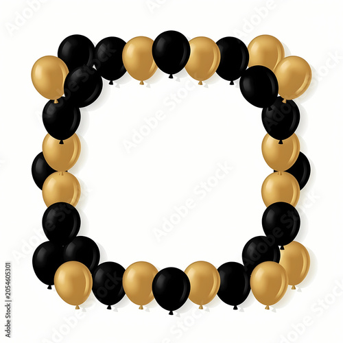 Black and gold balloons form a square frame for a party decoration