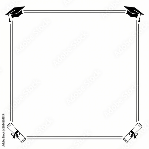 Graduation ceremony decorations include caps and diplomas on a white background