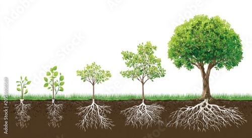 Stages of tree growth from seedling to mature tree with visible roots