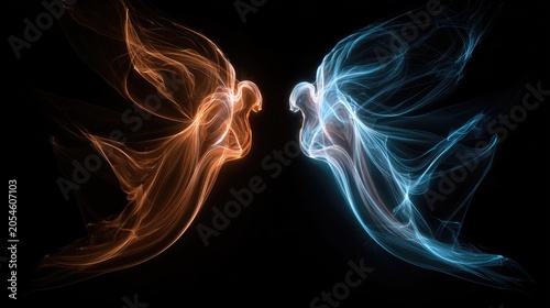 Two swirling smoke figures, one orange and one blue, facing each other