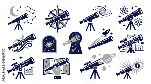 Fotografía Collection of stylized telescope icons representing space exploration and scientific discovery