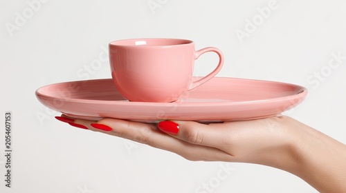 Delicate pink teacup and saucer resting on an open palm with red nails