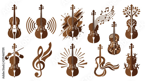 Cuadro en lienzo Collection of stylized violins and musical elements, representing music and creativity
