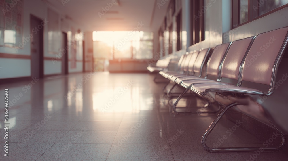 Fototapeta premium Modern airport terminal interior with empty seating area and sunlight streaming through windows