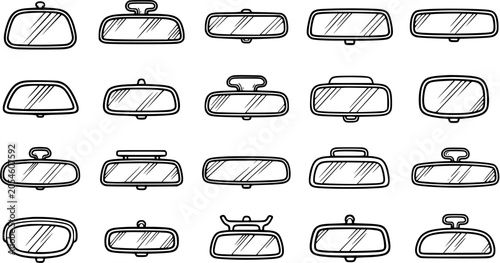 Foto Diverse Collection of Car Rearview Mirrors: Black and White Line Art Vector Icon