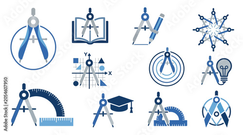 Bild auf Leinwand Set of geometric tools and icons representing education, science, and mathematics concepts