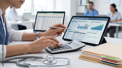 Medical professional calculating hospital departmental costs using tablet and calculator