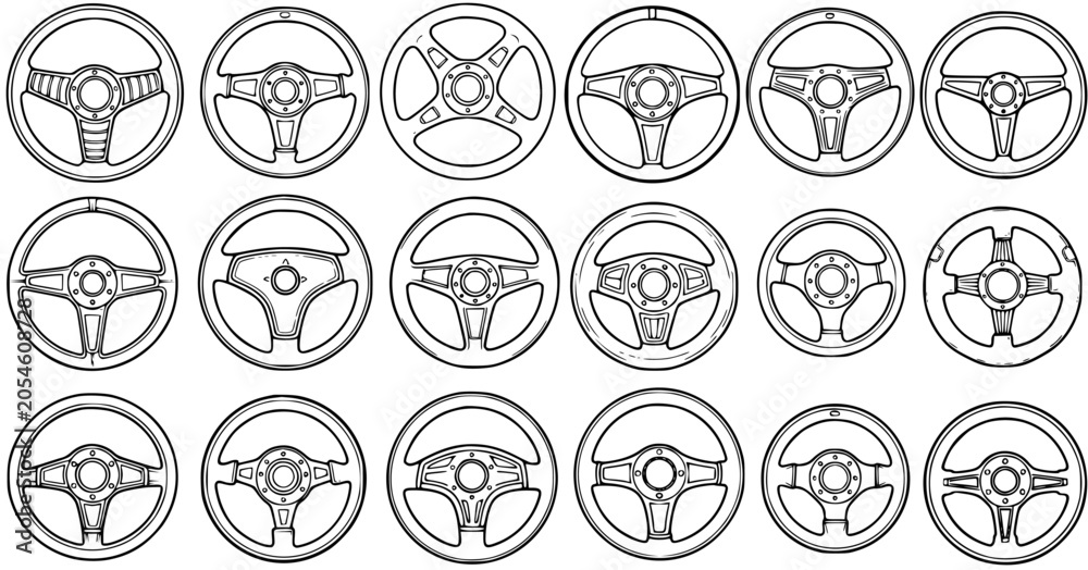 Fototapeta premium Black and White Line Art Collection of Various Automotive Steering Wheels, Vector Illustrations
