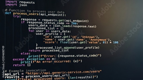 Python programming code script for API data processing, software development, web application, backend logic, JSON parsing, error handling, coding syntax, developer workflow