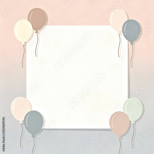 A colorful celebration scene with balloons surrounding a white square frame on a gradient background