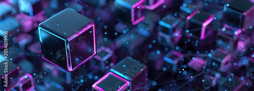 Abstract glowing cubes with neon outlines on a dark background