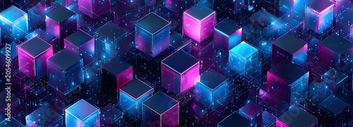 Luminous cubes arranged in a grid with glowing particles and deep space background