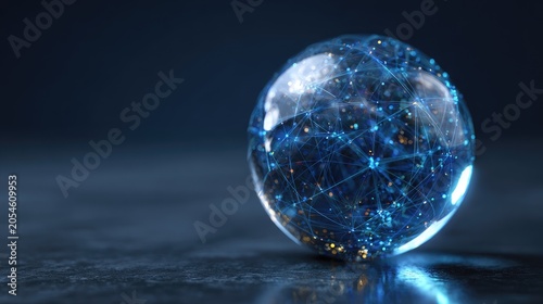 Translucent sphere with glowing network of blue and gold lights on dark surface