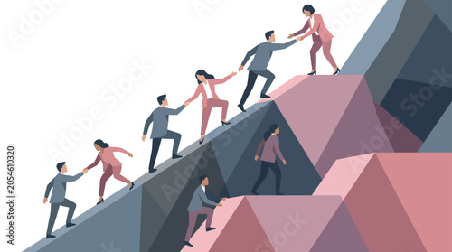 Business Team Climbing Graph Mountain, Helping Each Other Succeed