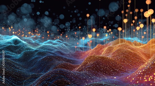 Abstract digital landscape of glowing particles and undulating lines, with lights