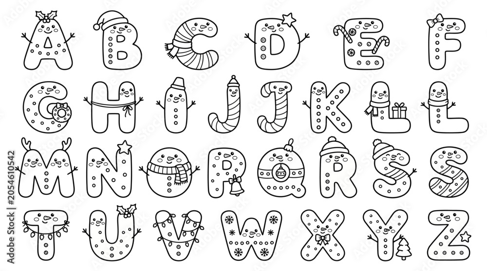 Fototapeta premium Christmas Alphabet Letters Outline, Cute Winter Holiday Characters, Festive ABC Design