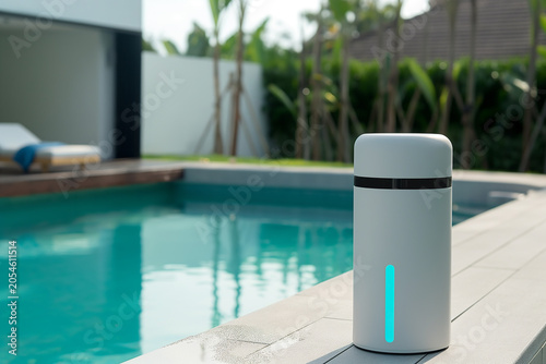 A white device is sitting on a ledge next to a pool