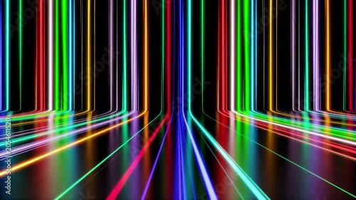Abstract Cyberpunk glowing light trails reflection neon stripes background with perspective view 3D rendering.