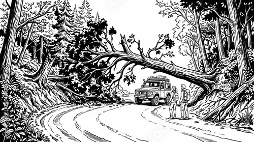 Foto Couple with off-road vehicle facing a fallen tree in the forest