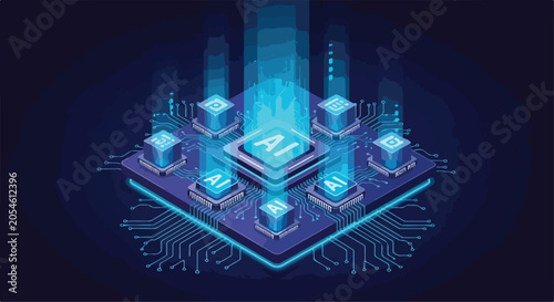 Artificial Intelligence AI Microchip Isometric Vector, Futuristic CPU Processor with Glowing Data Streams, High Tech Digital Circuit Board Background