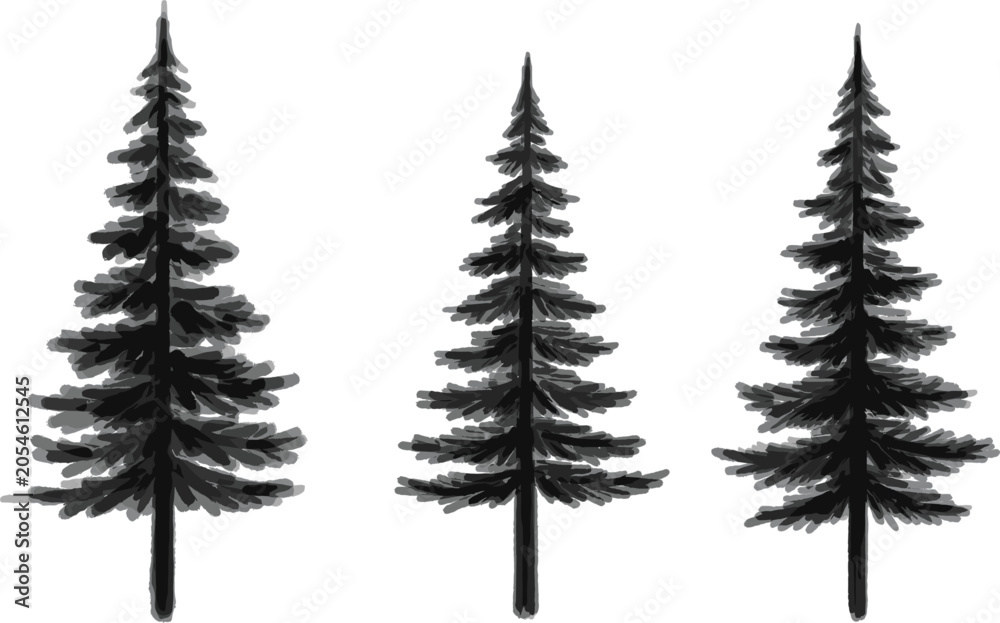 Obraz premium Evergreen pine spruce fir trees sketches mockups set, coniferous forest nature symbols vector illustrations
