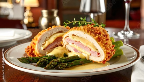 Gourmet Chicken Dish with Asparagus on Plate.