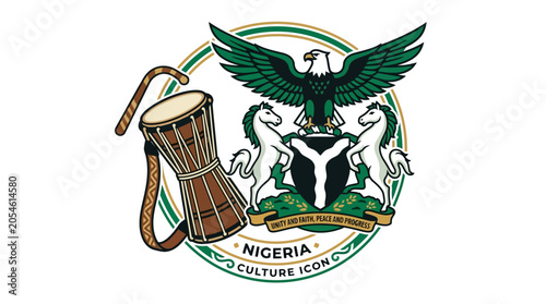 Valokuva Nigeria Culture Icon: Djembe Drum, Coat of Arms, Eagle, Horses