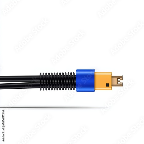 Close up of Black Cable with Blue and Gold Connector on White Background