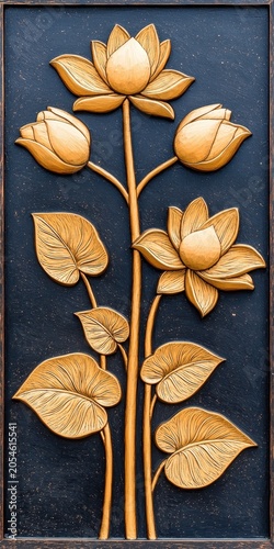 Gold Lotus Flower Relief on Dark Background