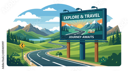 Billboard with travel message on a winding mountain road